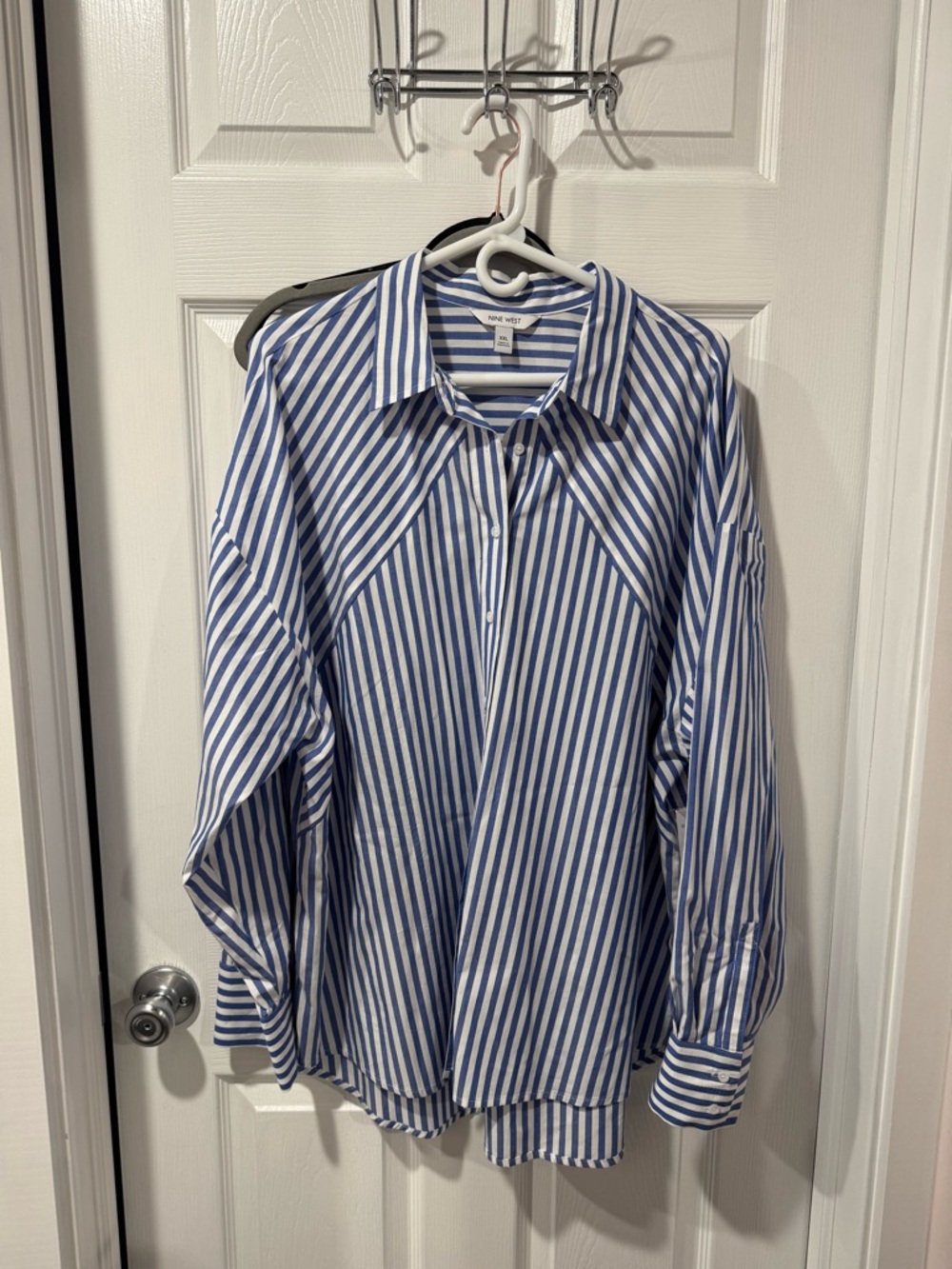 Nine West Blue and White Striped Casual Button-Down Shirt